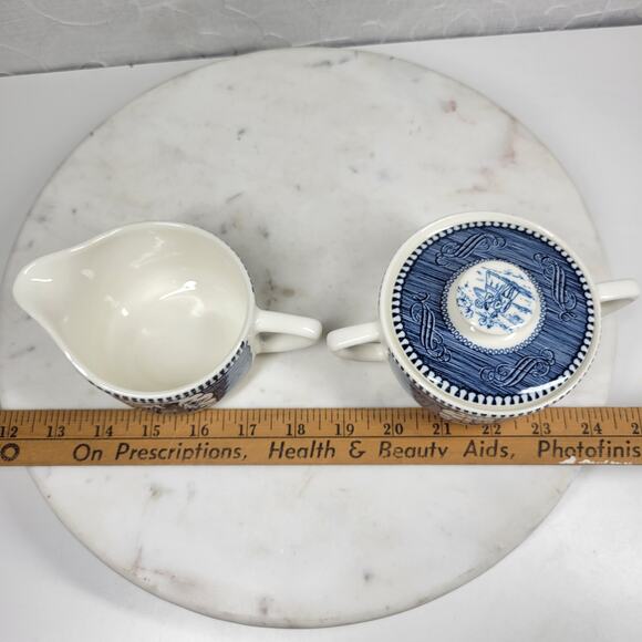 Vintage Royal China Currier & Ives Ironstone Scene Sugar Creamer Blue Steamboat - Picture 16 of 16